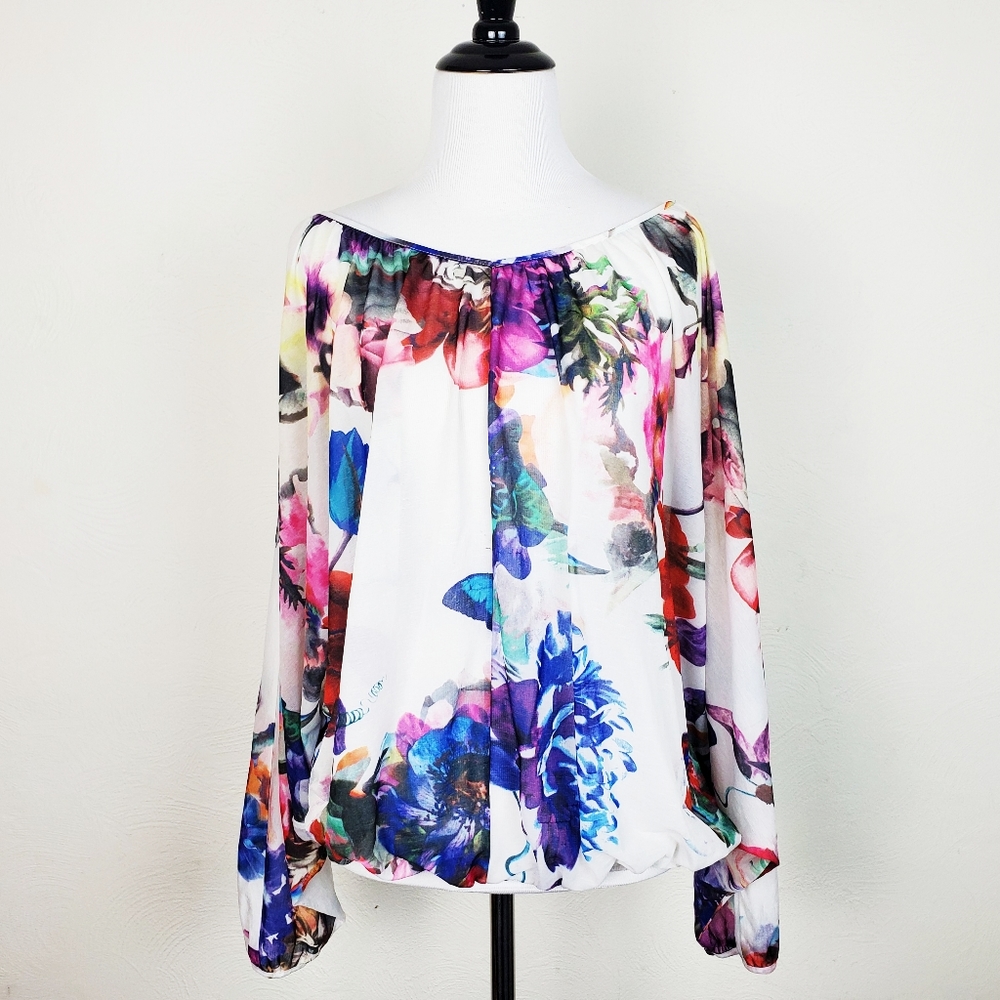 Buffalo I Jeans Blouse Top Floral Sheer Batwing Open Back Spring Summer Boho